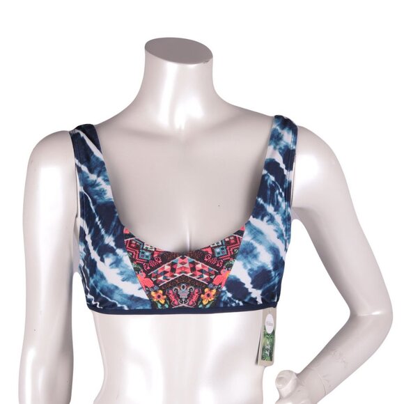Eidon V Scoop Bikini Top Tie Back Tie-Dye Tribal Blue White Beach Summer NEW - Picture 2 of 4